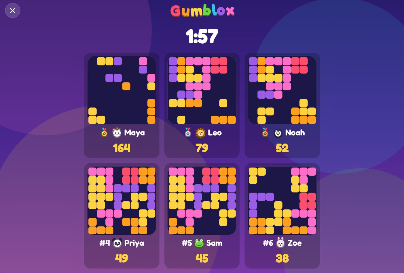 The party screen during a round: six players' boards with their names and scores, and 1:57 left on the clock
